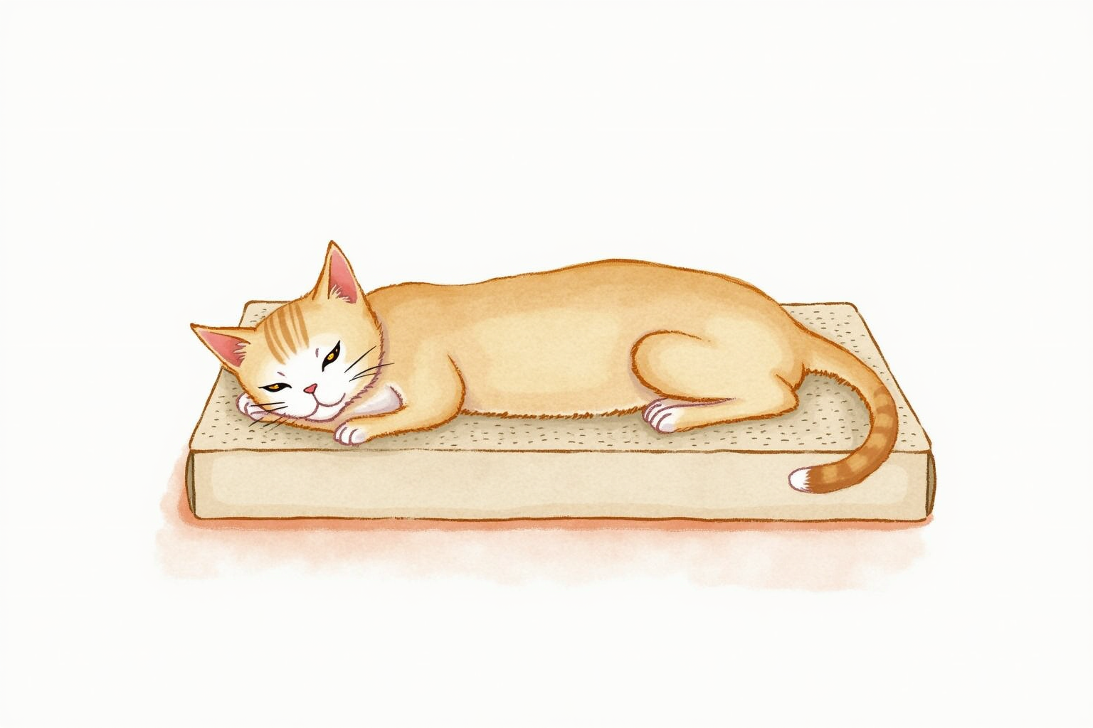 Horizontal cardboard scratcher with cat lying on it