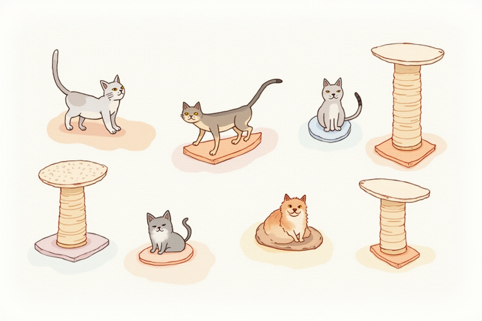 Multiple scratching posts in different shapes and materials