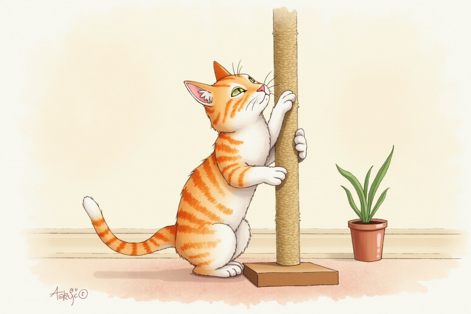 Cat using vertical scratching post with claws extended