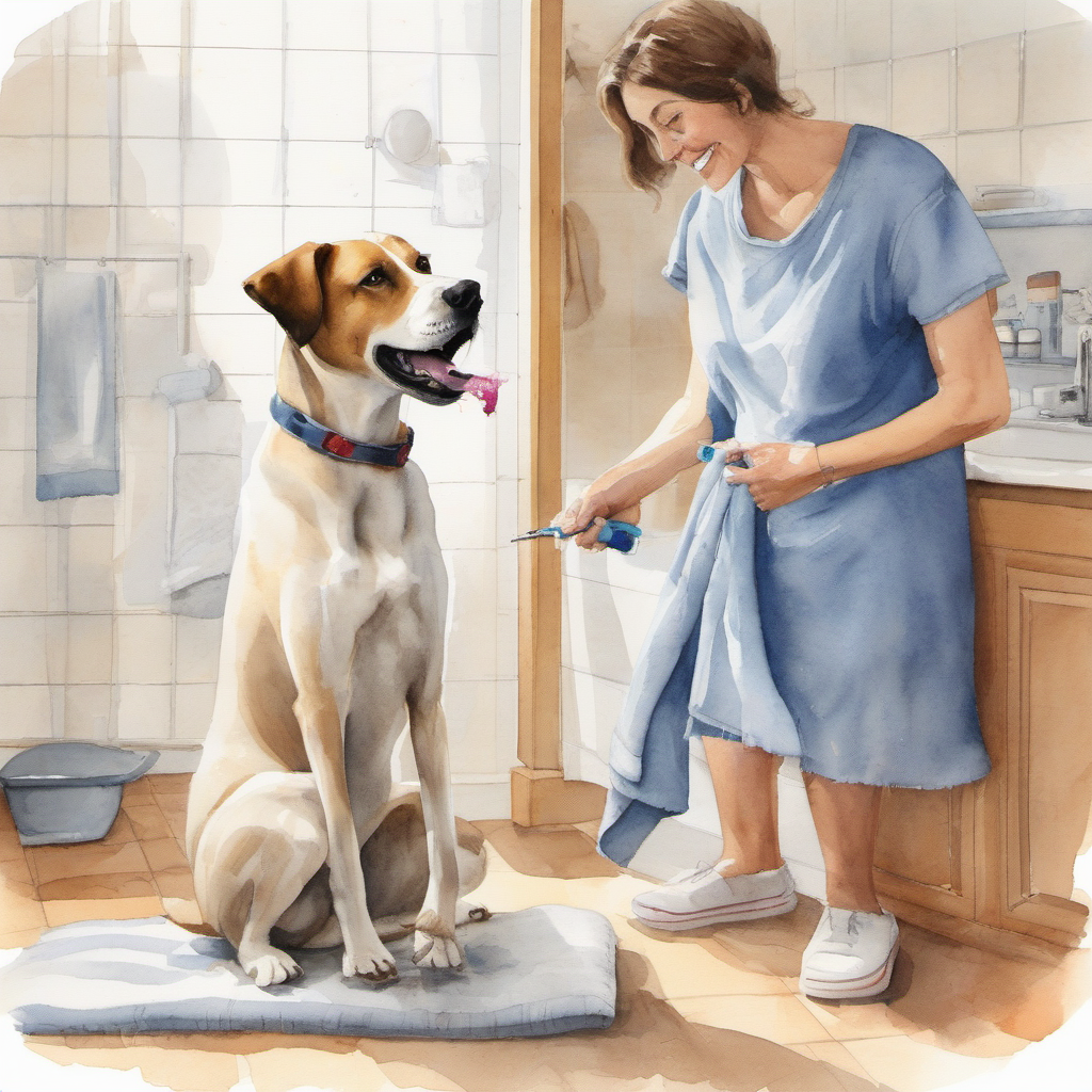 Watercolor illustration of a dog owner gently brushing a dog's teeth with pet toothpaste