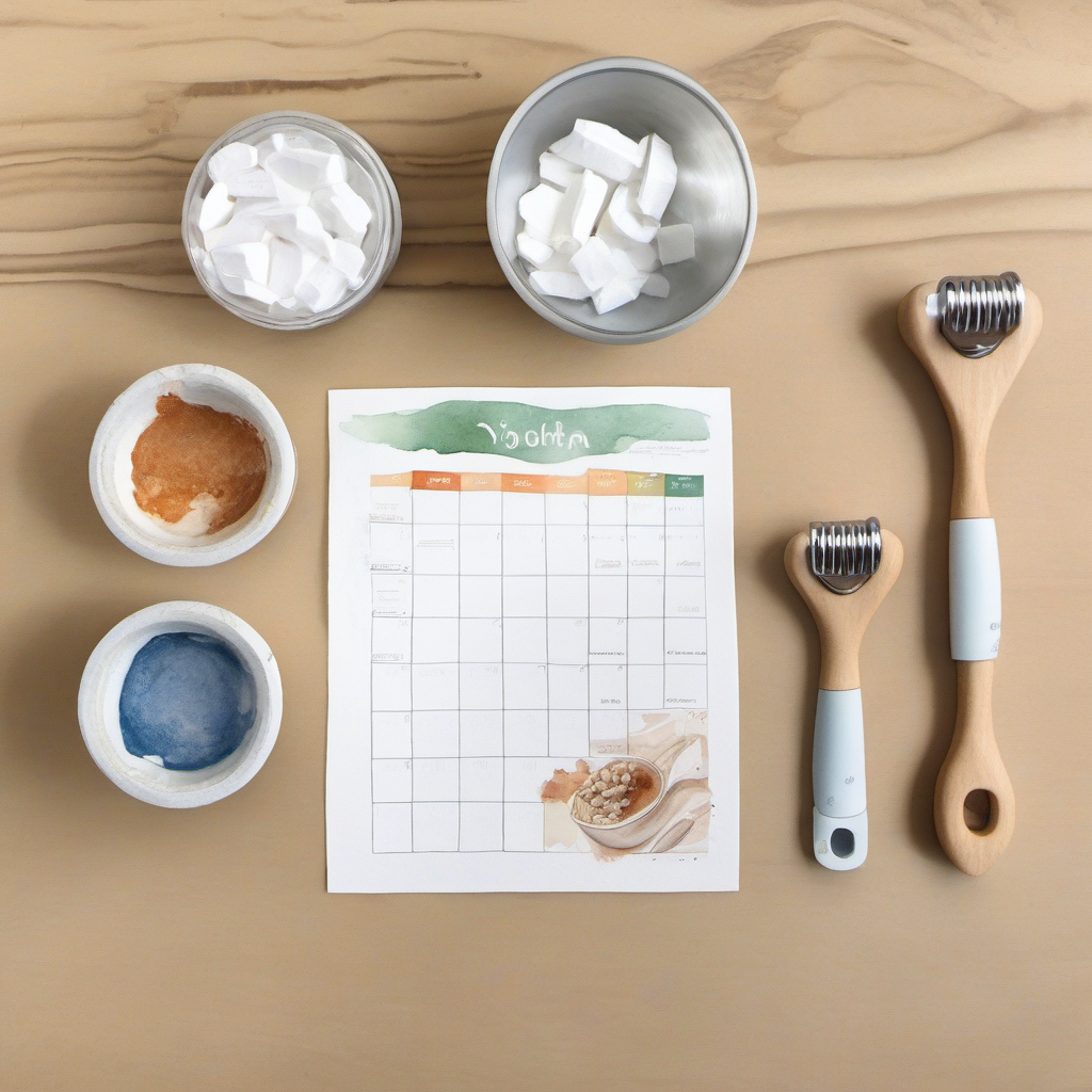 Watercolor illustration of dog dental chews, measuring cup, and calendar for routine planning