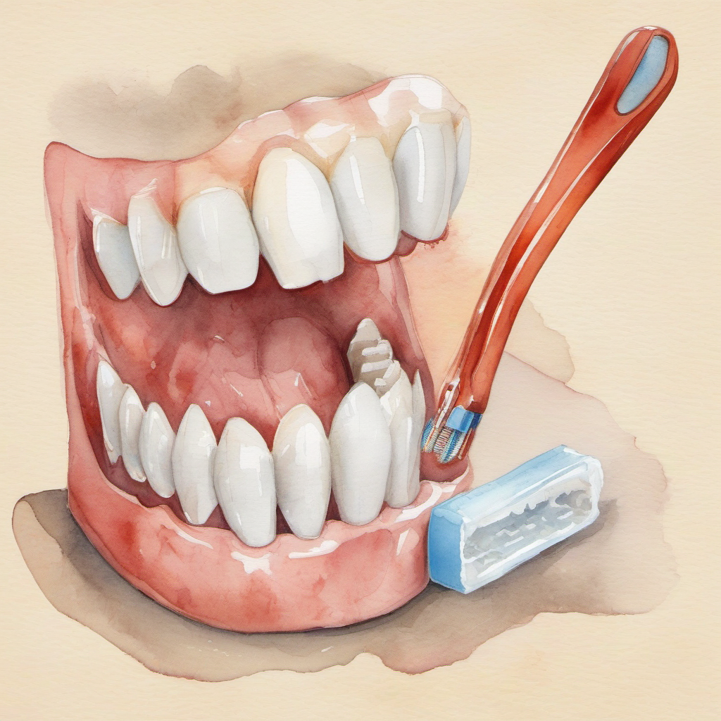 Watercolor veterinary illustration of a dog's gumline, plaque risk, toothbrush, and gauze pad