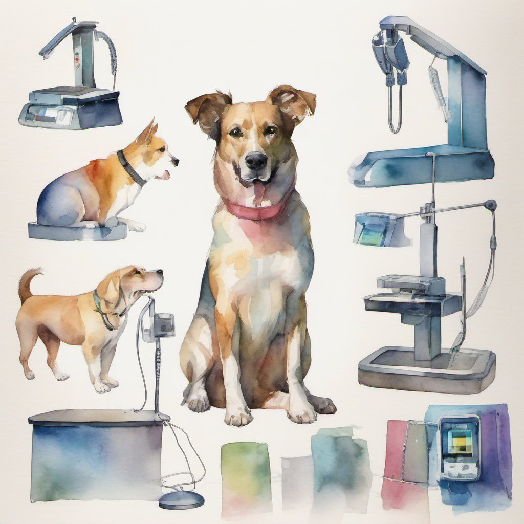 Watercolor veterinary dental exam setup for a dog with monitoring equipment and dental chart shapes