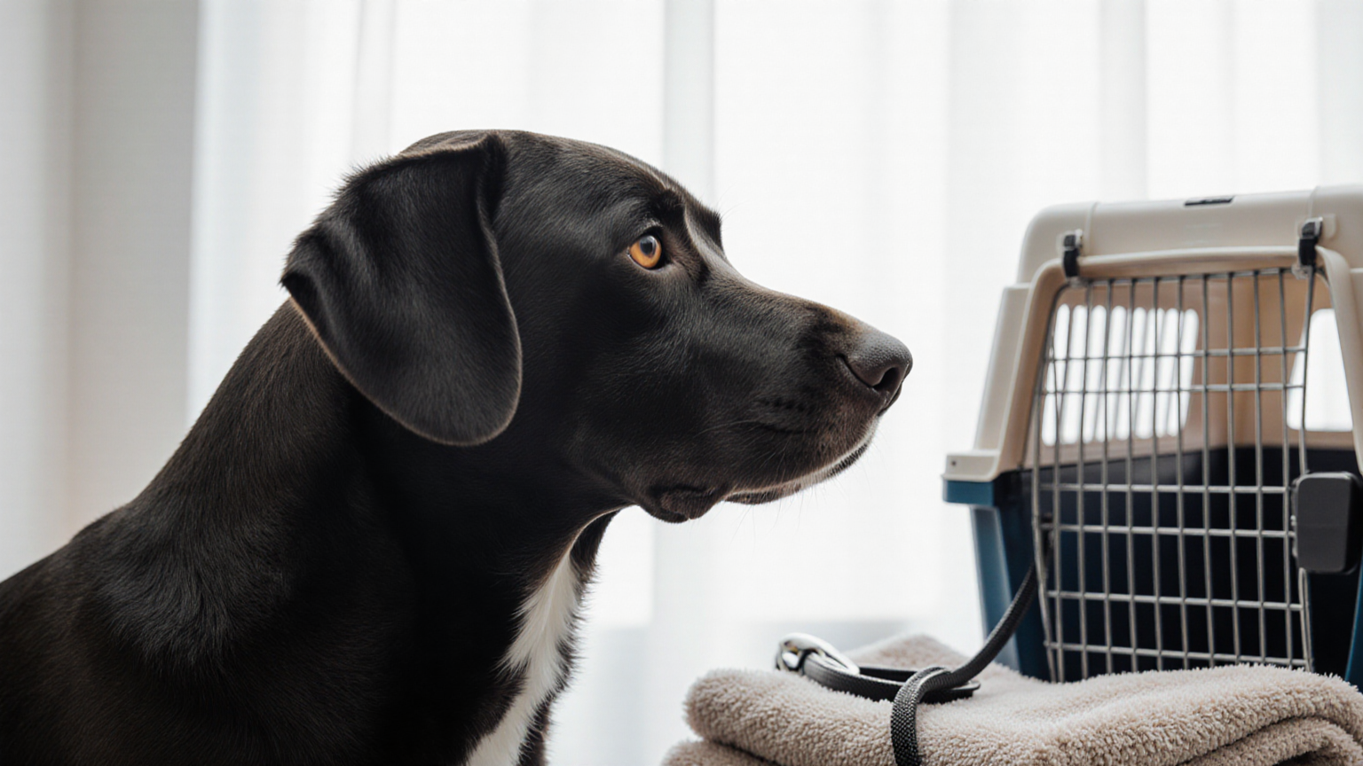 Calm dog beside a caregiver preparing for urgent veterinary eye triage