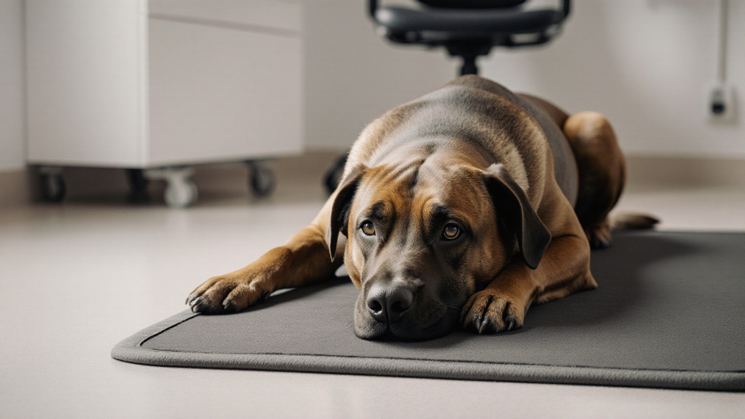 Neutral veterinary consultation room with calm dog