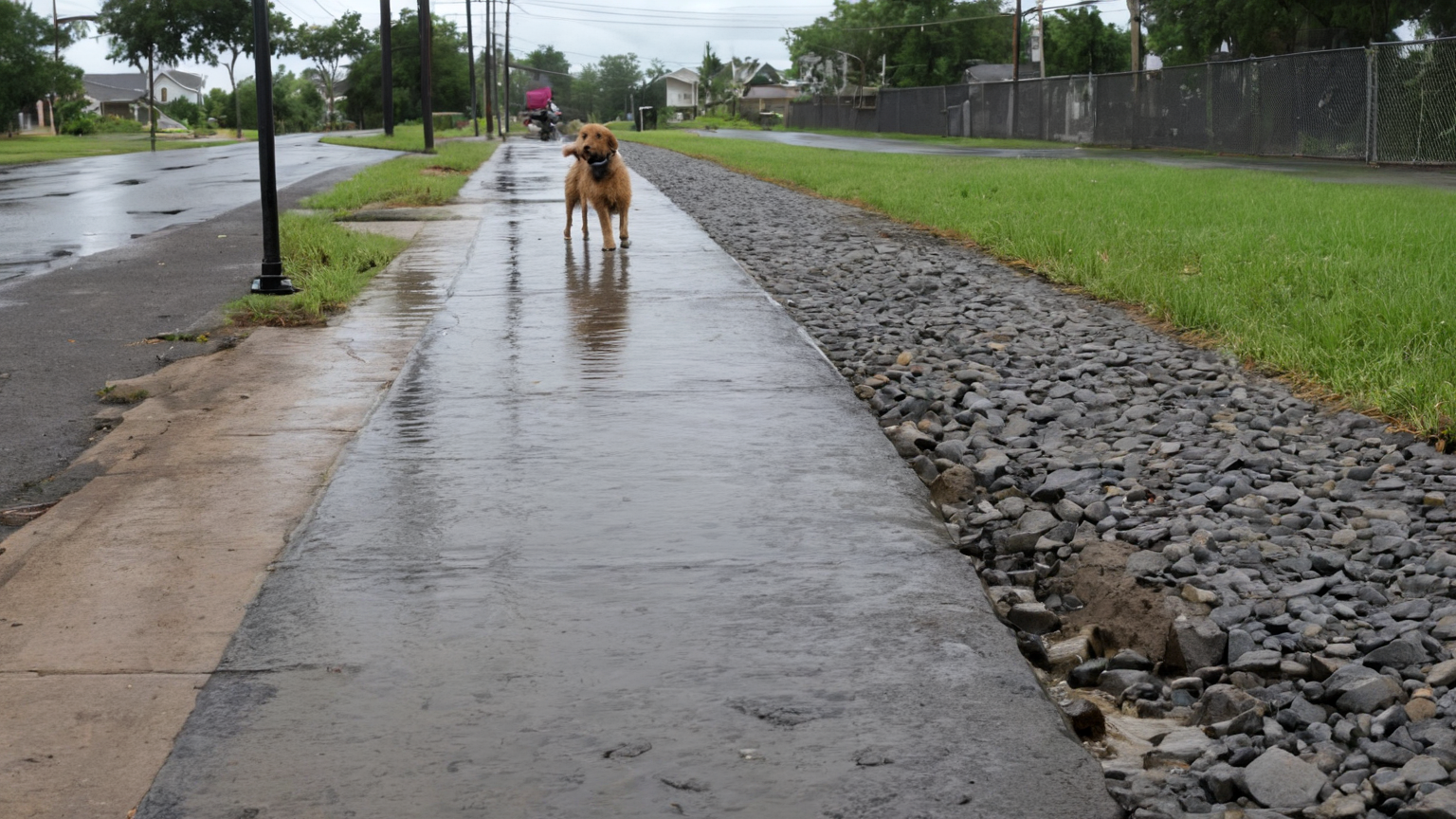 Dry sidewalk route after rain