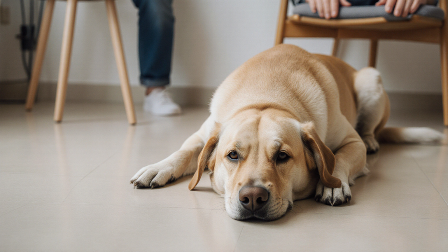 Dog resting in a clear, hazard-reduced room while a caregiver observes from a safe distance