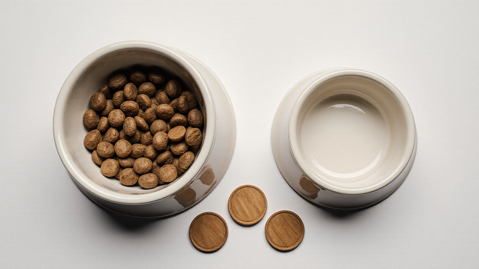 Two plain food bowls and blank wooden tokens representing a measured daily portion budget