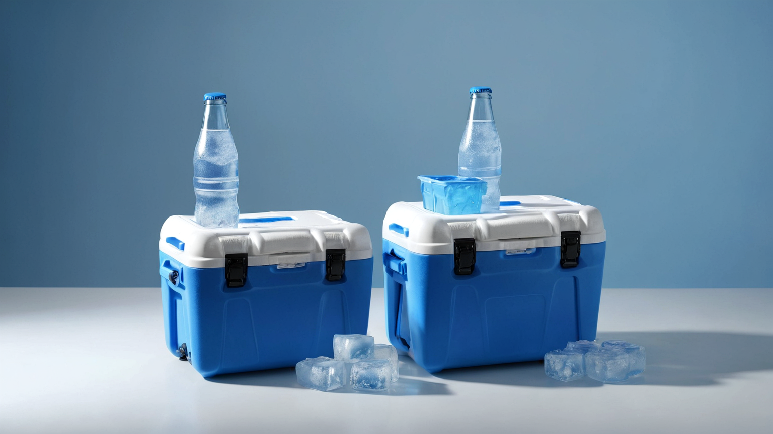 Insulated cooler and ice packs staged for veterinary medication transport