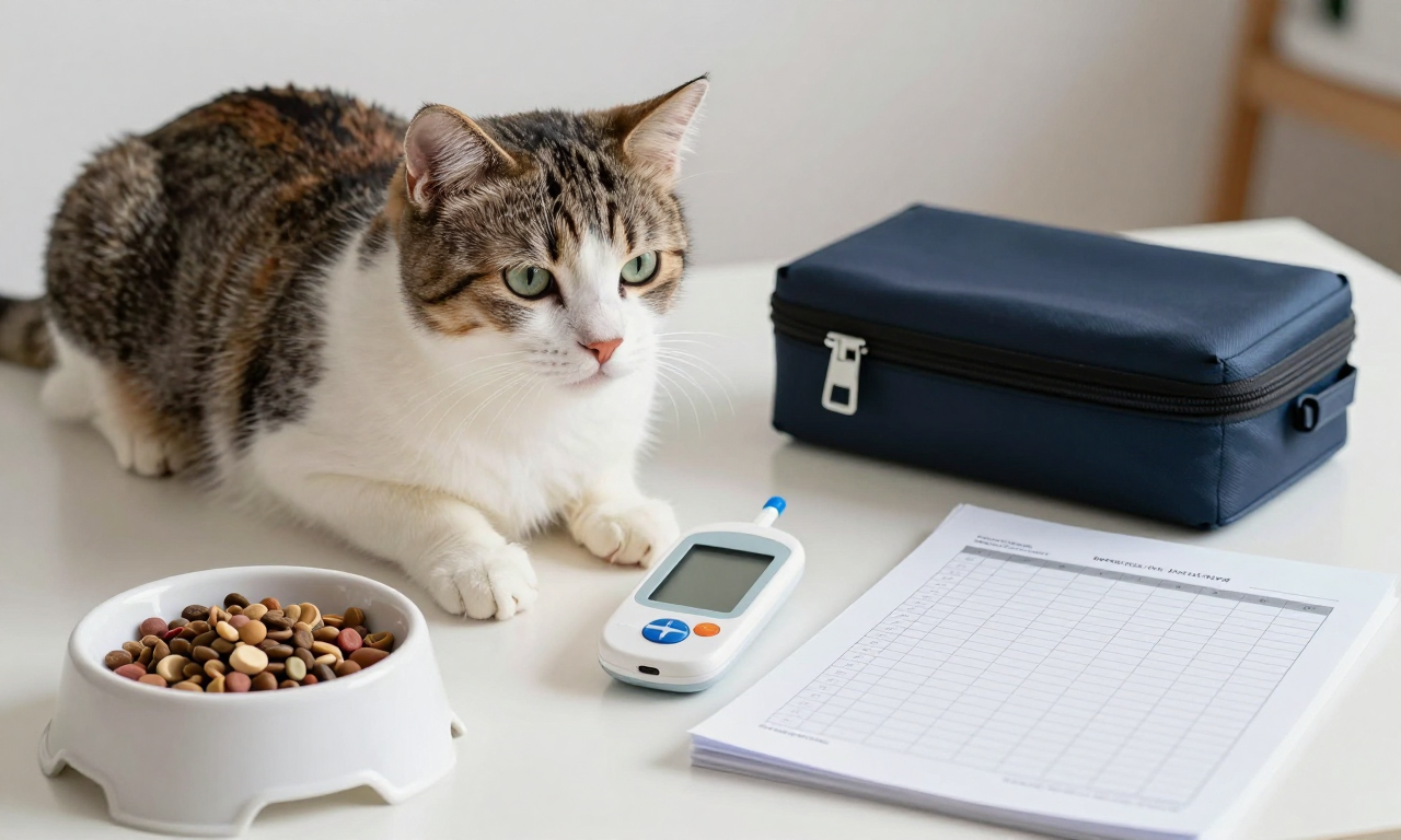 Cat beside measured food and home glucose-monitoring supplies