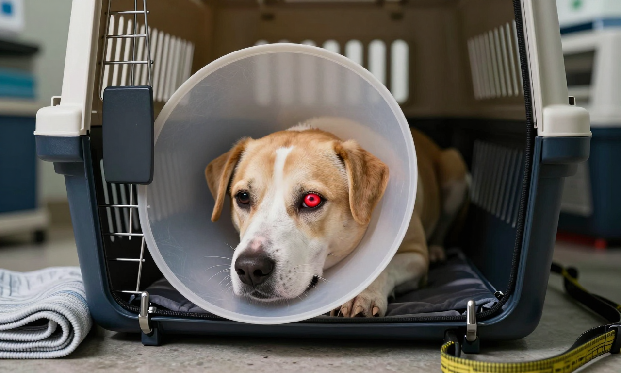 Dog resting in a padded carrier with a protective cone